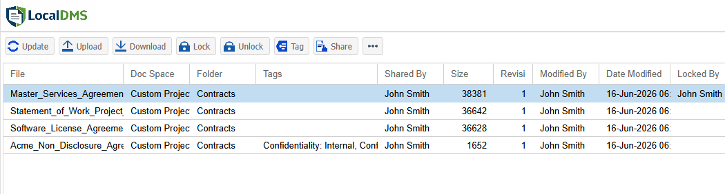 LocalDMS document management software dashboard showing file list with version control, tags, and metadata