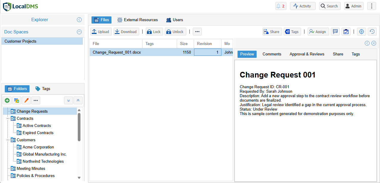 LocalDMS document explorer showing folder tree, file list, and a document preview with tags and approval options